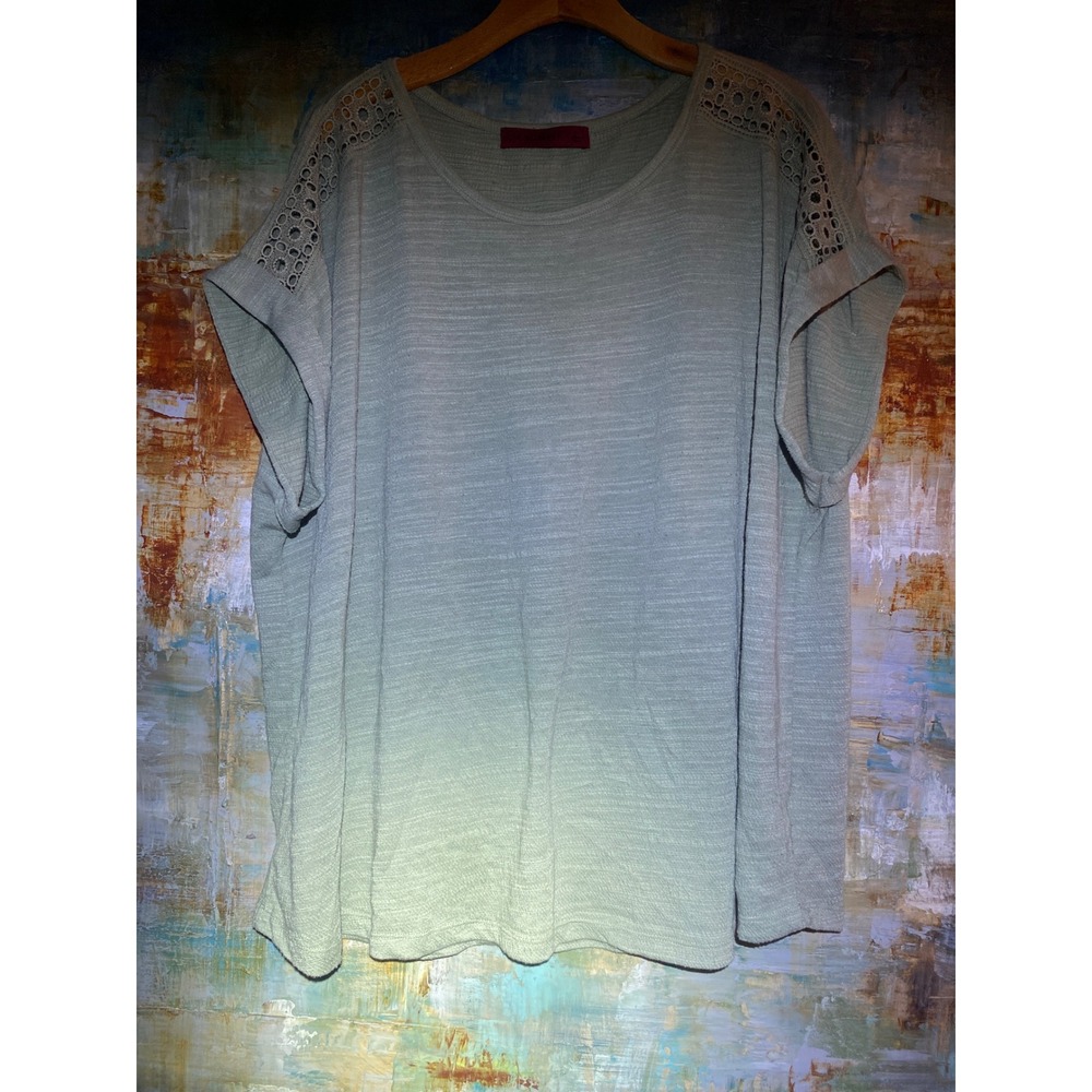 Love Scarlett Sage Green Crochet Lace‎ Shoulder Knit Top Plus Size 1X Short Slv